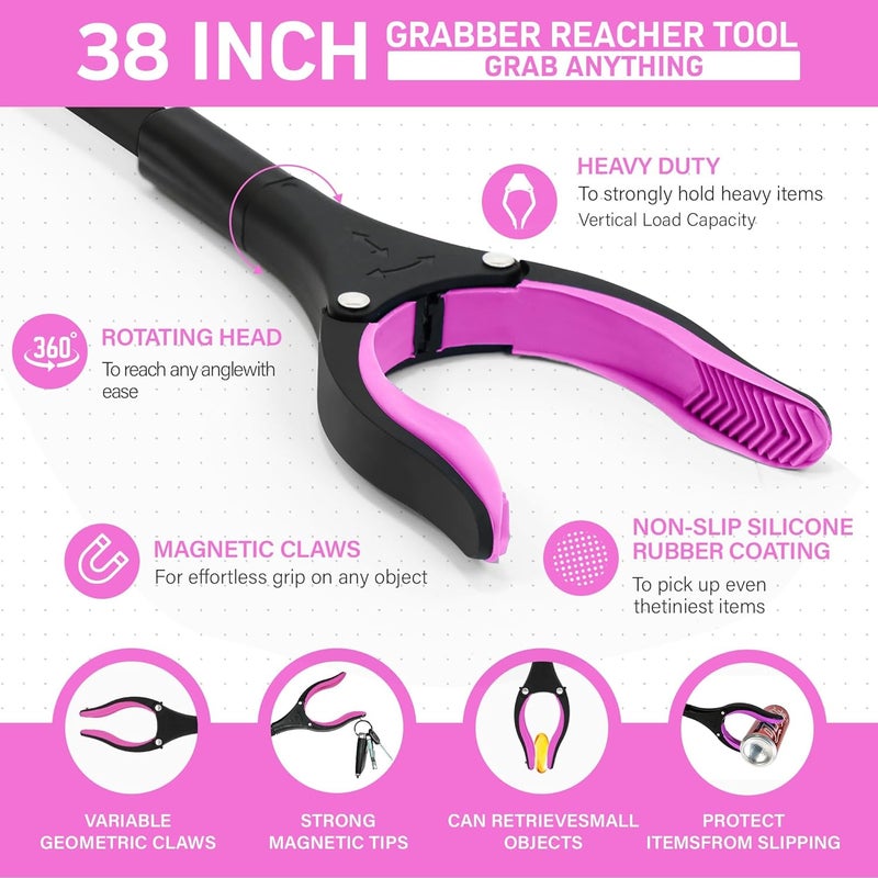 GrabRunner 38" Extra Long Grabber Reacher Tool – 2 Pack Foldable Reacher Grabber Pickup Tools with 360° Rotating Jaw & Magnet - Heavy Duty Pick Up Grabbers for Seniors, Trash, Surgery Recovery (Pink Pink) - Image 3